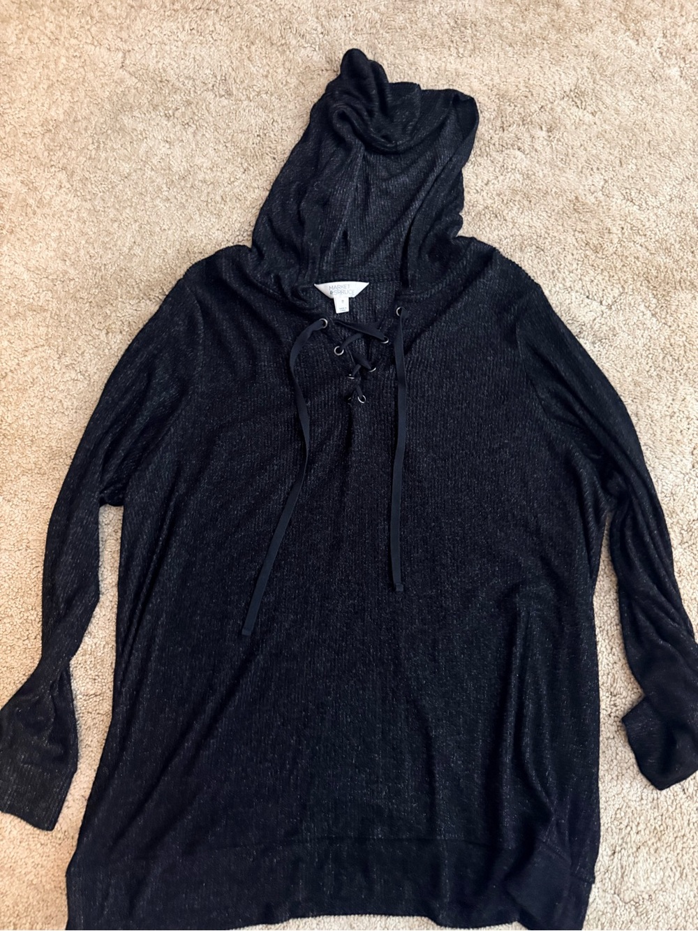 Market & Spruce Black Lace-Up Hooded Knit Sweater